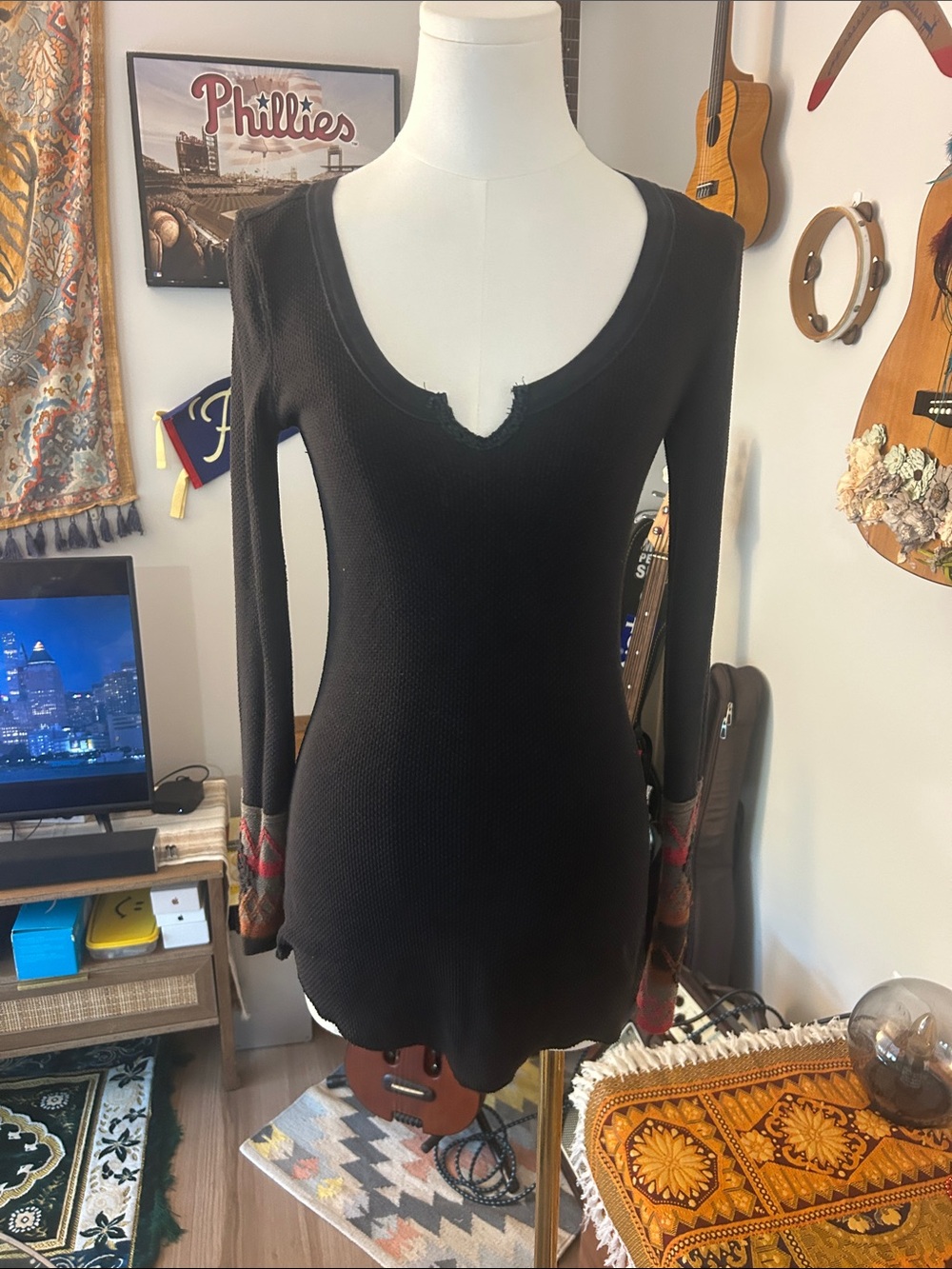 Free People  Black Thermal Knit Top with Patterned Cuffs